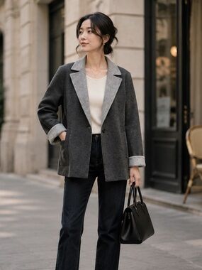Talbots 8P Grey Wool Blend Two Tone Blazer Jacket Petite Quiet Luxury